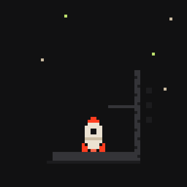 Foguete decolando da plataforma em pixel art