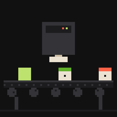 Linha de montagem em pixel art: blocos entram crus e saem como módulos prontos