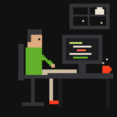 Pessoa desenvolvendo em uma mesa com café e uma ideia acendendo, em pixel art